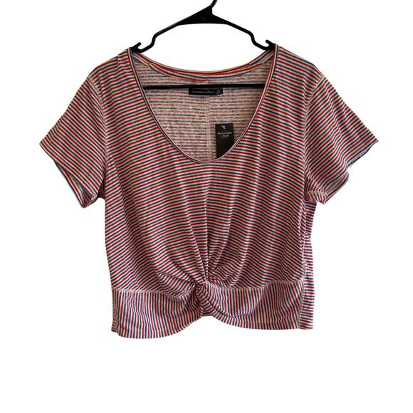 Abercrombie & Fitch NWT XL Red Blue Striped Cropped Short Sleeve T Shirt - Picture 1 of 4